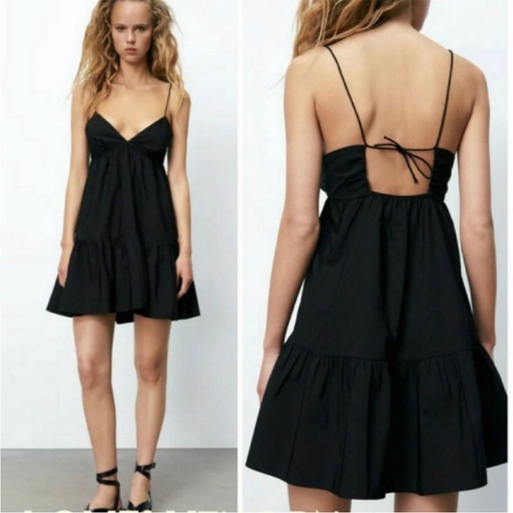 Zara Black Poplin Ruffle Tiered Tie Back Cut Out Cami Mini Babydoll Dress - Picture 9 of 12